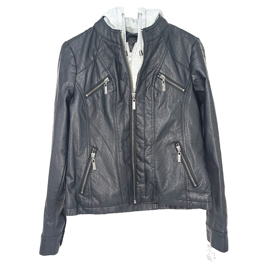 J2 Faux Vegan Leather Black & Gray Hoodie Jacket Small